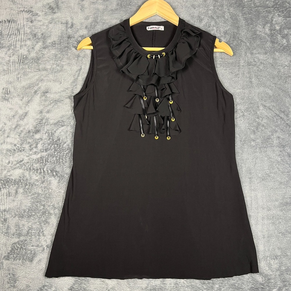 Nesil Fashion Blouse Womens 46 Black Sleeveless Layered Ruffled Neck Toned Bead